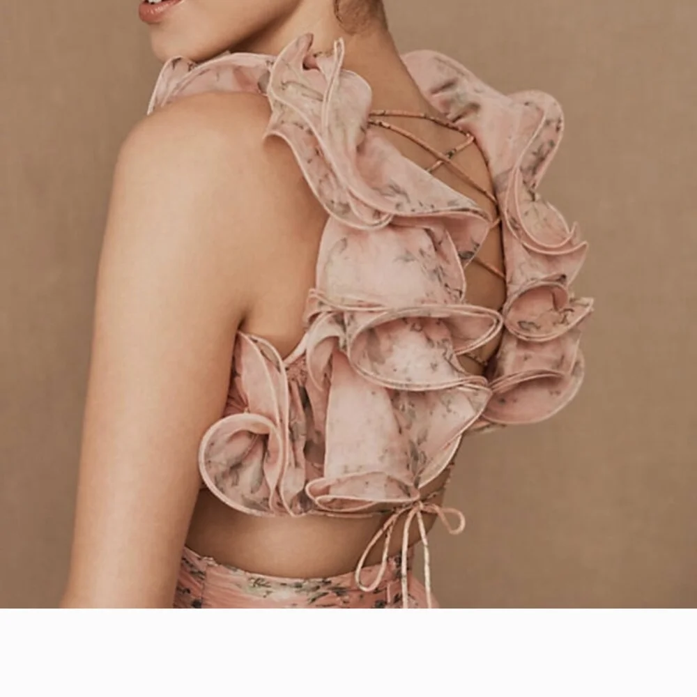 NWT Mac Duggal Pink Ruffle Tiered Floral Cut-Out Chiffon Gown Dress size 6 - Picture 2 of 5
